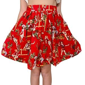 Retro Pin-Up Girl Cowgirl Guitar Print Full Circle Skirt Size Small